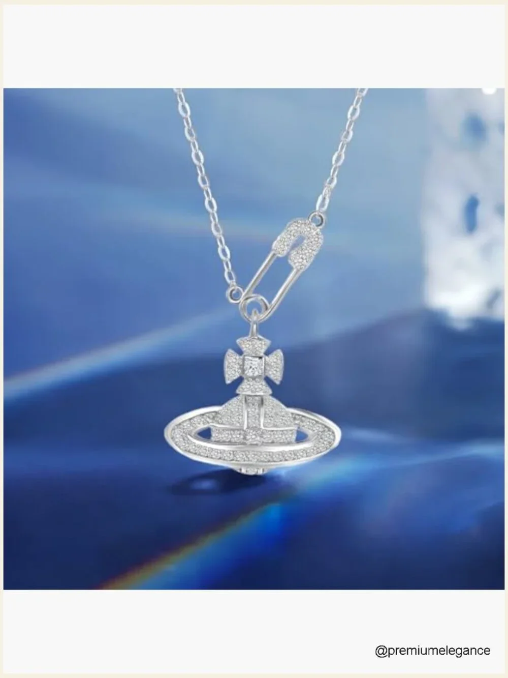 Saturn Pendant Necklace, Safety Pin Zircon, 925 Sterling Silver, 15.35